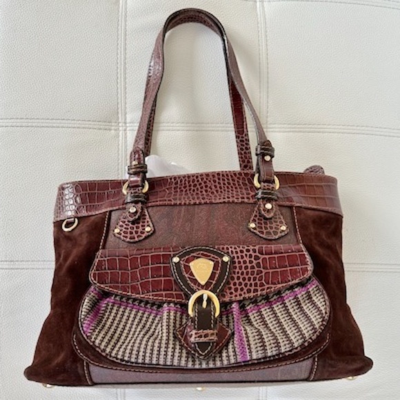 Etro Handbags - ETRO Paisley + Croc Embossed Leather, Suede, Tweed Zip-top Bag